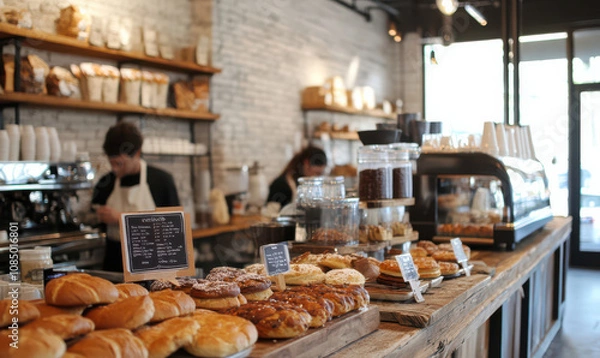 Fototapeta Serene coffee shop pastries on display calm atmosphere