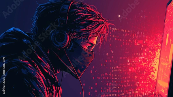 Fototapeta Masked Hacker Focused on Cybersecurity Breach and Data Theft