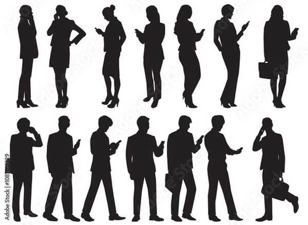 Fototapeta silhouette of people with mobile phone vector on isolated white background.
