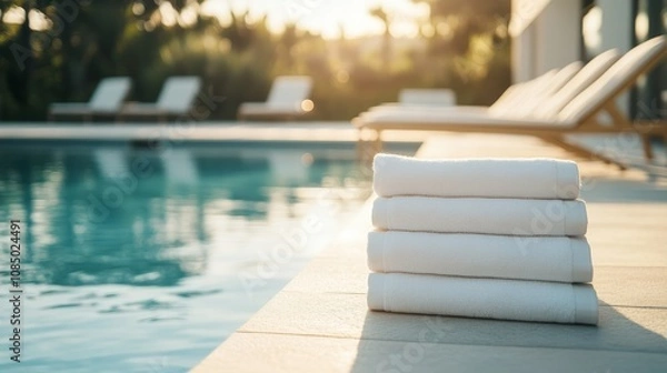 Fototapeta A serene poolside setup with neatly stacked towels and a clean pool with crystal clear water, A sunny outdoor area with comfortable lounge chairs, Minimalist leisure style