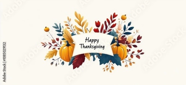 Fototapeta Elegantly designed Happy Thanksgiving text with autumn leaves
