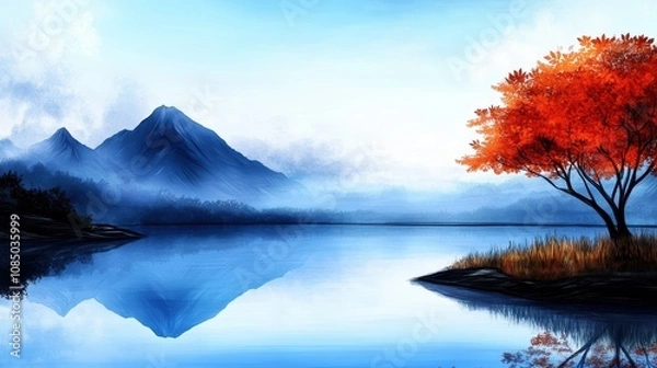 Fototapeta Serene Autumn Lake Misty Mountains Red Tree Reflection