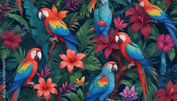 Obraz Tropical exotic pattern with animal and flowers in bright colors and lush vegetationn
