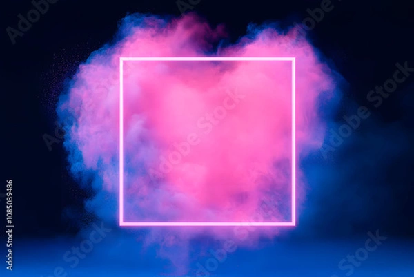 Obraz Pink neon powder explosion with gliwing frame on blue background. Colored cloud. Colorful dust explode. Paint Holi.