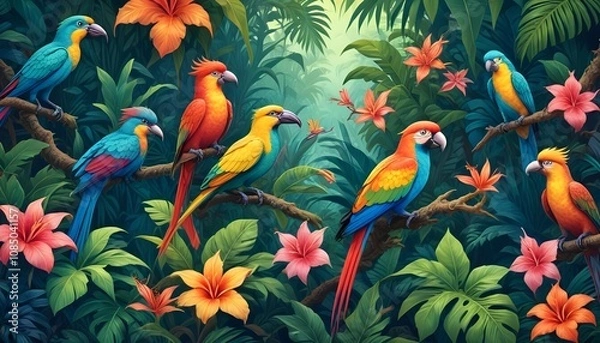 Fototapeta Tropical exotic pattern with animal and flowers in bright colors and lush vegetationn