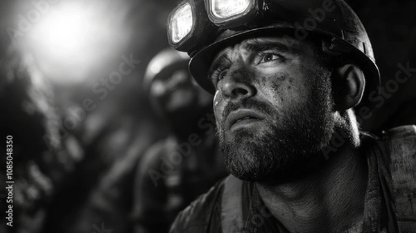 Fototapeta mining engineer inspects underground site, showcasing determination and focus. dimly lit environment highlights challenges faced in mining