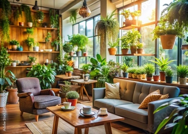 Fototapeta Panoramic View of a Cozy Cafe and Living Room with Lush Green Plants in a Bright and Inviting Atmosphere Perfect for Relaxation and Enjoyment of Nature Indoors