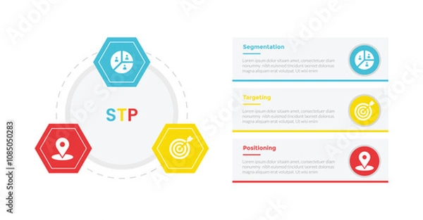 Fototapeta STP marketing analysis infographics template diagram with triangle cycle or circular with box description on left with 3 point step design for slide presentation