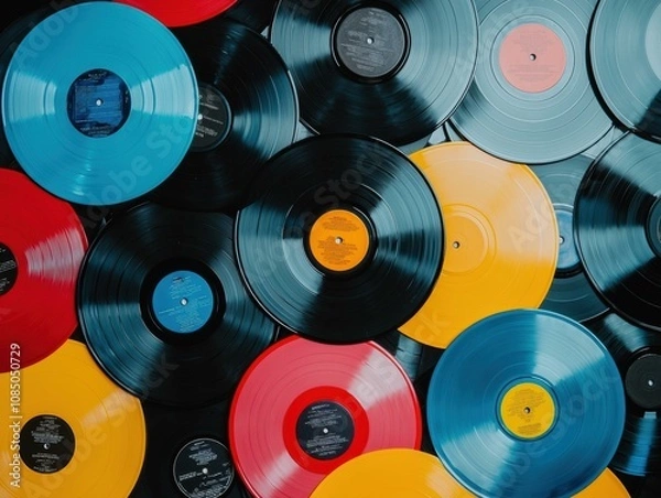 Obraz A collection of colorful vinyl records. AI.