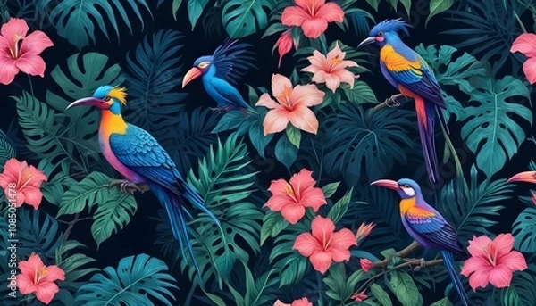 Obraz Tropical exotic pattern with animal and flowers in bright colors and lush vegetationn