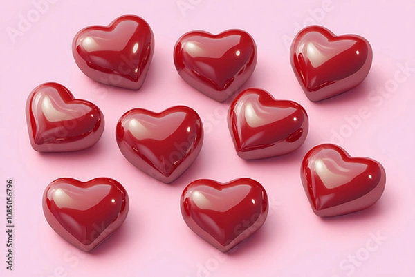 Fototapeta A collection of shiny red heart-shaped objects arranged on a pink background.