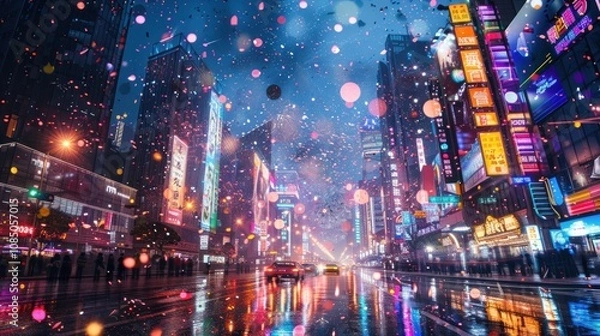 Obraz A vibrant city street scene at night with colorful lights and falling confetti.