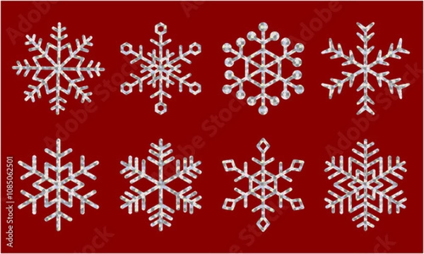 Obraz 銀ホログラム箔押しのスノーフレーク 赤背景