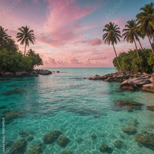 Obraz A tropical beach with crystal-clear turquoise water, lush palm trees, and a soft pink sunset.