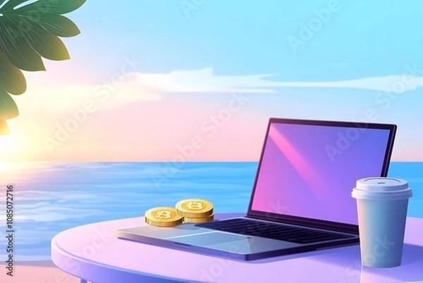 Fototapeta A laptop on the table with an online store, next to it is Bitcoin coins in a cartoon style, against the background of a sea beach