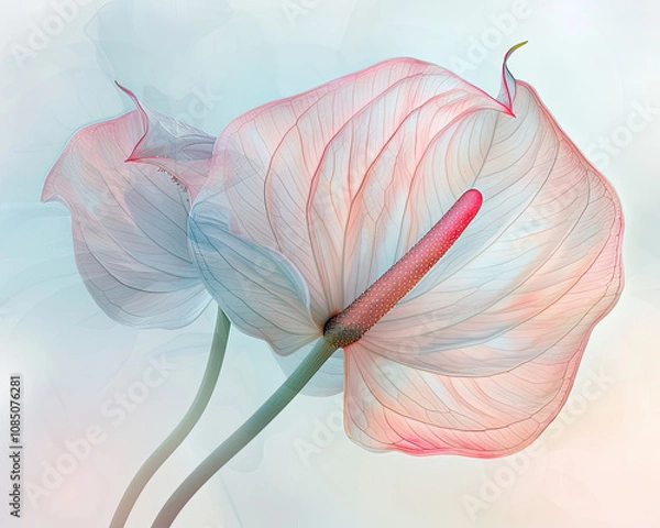 Fototapeta A delicate, ethereal flower with translucent petals, showcasing soft hues of pink and white against a light background.