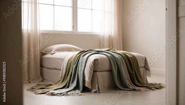 Obraz A cozy bed with soft blankets in a serene bedroom setting with natural light