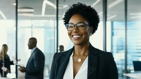 Fototapeta Confident and poised middle-aged Black woman in a sleek office environment, radiating positivity, strength, and ambition, embodying the essence of women's empowerment and professional success