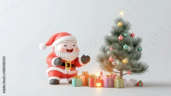 Fototapeta Cheerful Santa Claus Cartoon Character with a Festive Christmas Tree Surrounded by Colorful Presents in a Bright and Joyful Holiday Setting