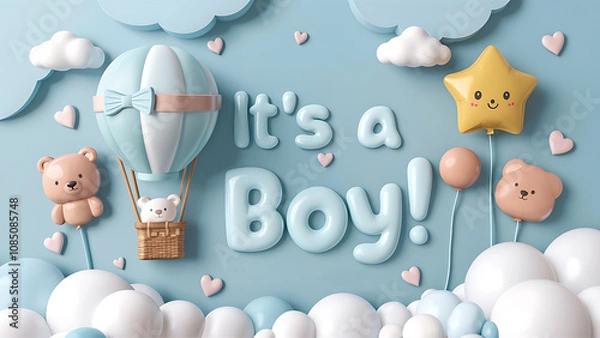 Fototapeta Its a boy banner with cartoon hot air balloon, helium balloons and clouds on blue background. Childern elements background 3d illustration
