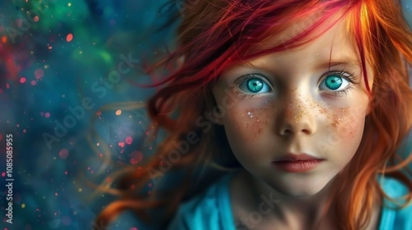 Fototapeta A close-up of a girl with vibrant red hair and striking blue eyes, set against a colorful, abstract background.