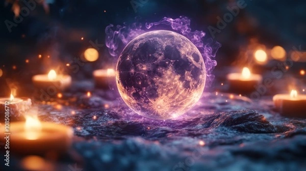 Fototapeta A Wiccan full moon symbol, with purple energy lines floating out of the symbol, surrounded by burning candles.