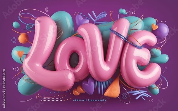 Fototapeta 3d love text with colorful lettering. Love logo 3D inflated editable text effect. Valentine's day elements.