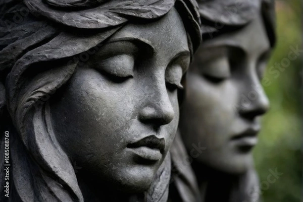 Fototapeta Intricately Carved Stone Sculpture of Two Faces in Contemplative Pose Amidst Garden Setting