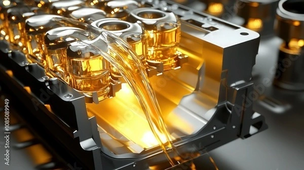 Fototapeta A detailed 3D illustration of an open engine block, showing lubricant oil being applied to pistons, with realistic light reflections on the metal surfaces and the flowing oil