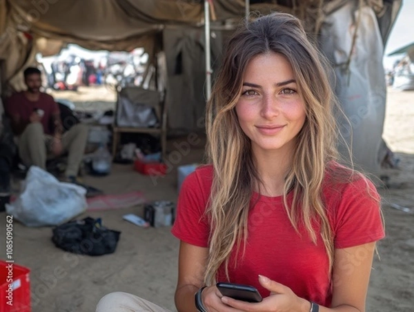 Obraz Female volunteer using a mobile device to communicate with a refugee, crouching down to engage in a supportive conversation at a migrant shelter, symbolizing empathy and assistance