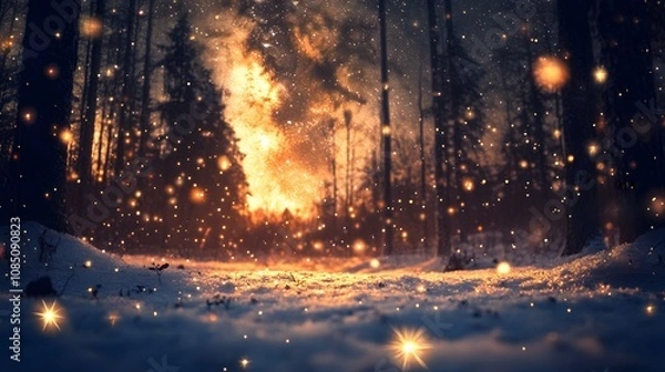 Fototapeta Sparkling Snowy Forest Scene at Twilight with Glowing Lights and Snowflakes Creating a Magical Winter Wonderland Atmosphere in Nature's Serenity