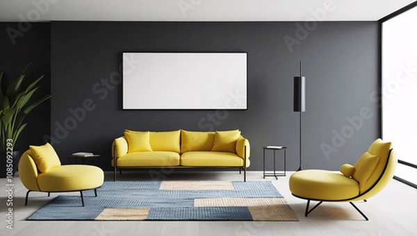 Fototapeta blank frame mockup in a dark interior room with bright yellow furniture, creating a striking contrast between the frame and vibrant decor, perfect for showcasing artwork or promotional content