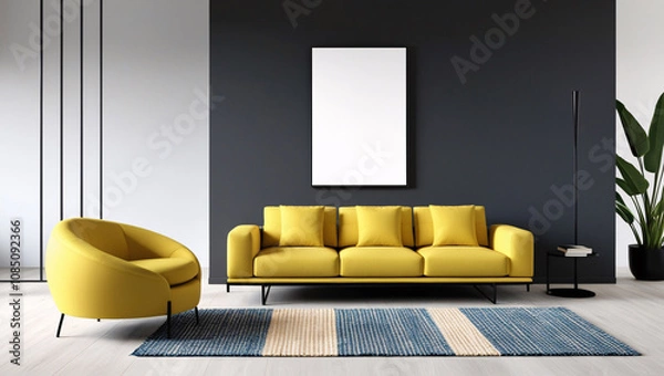 Fototapeta blank frame mockup in a dark interior room with bright yellow furniture, creating a striking contrast between the frame and vibrant decor, perfect for showcasing artwork or promotional content