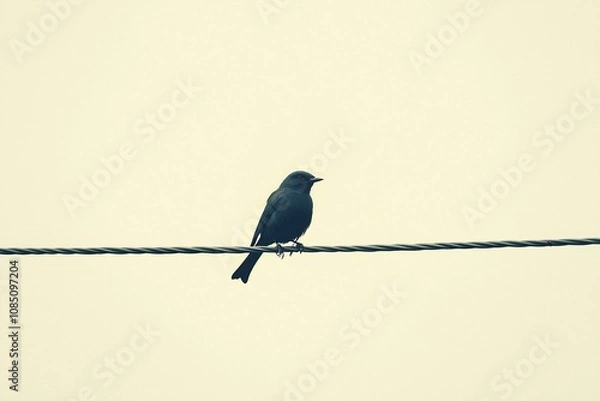 Fototapeta A Solitary Bird Perched on a Wire Against a Soft Sky