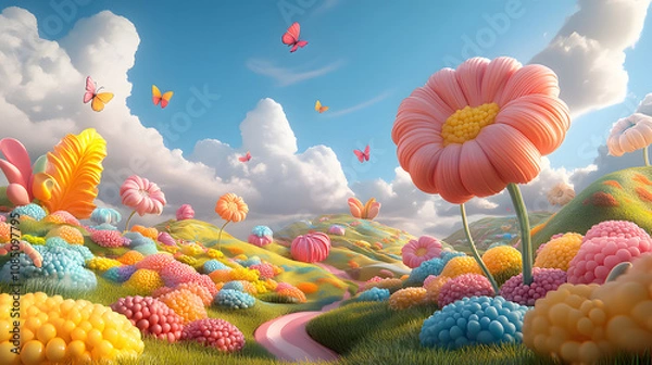 Fototapeta Vibrant floral landscape with butterflies fantasy realm digital art bright colors whimsical viewpoint nature's beauty unleashed