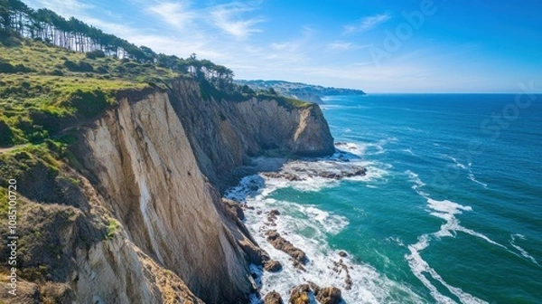 Fototapeta Coastal Cliffs with Forested Slopes and Turquoise Ocean