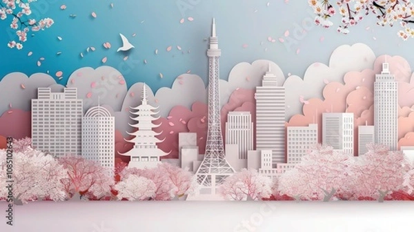 Fototapeta An image of an urban Tokyo scene in paper cut style, featuring the skyline with a mix of traditional pagodas and modern skyscrapers under a cherry blossom sky.