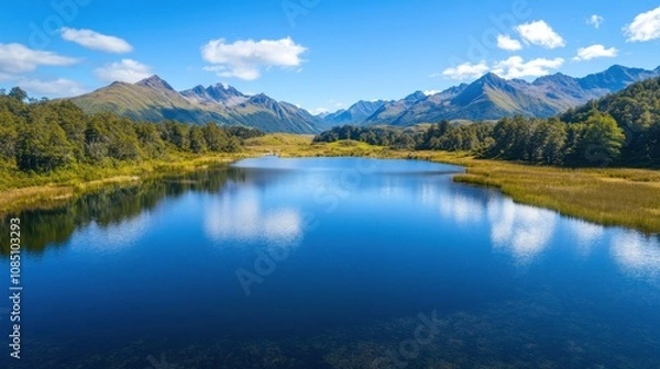Fototapeta A drone shot of a lake in a valley, showing the clear water reflecting the mountains and bright blue sky, with the forest surrounding the lake beautifully.