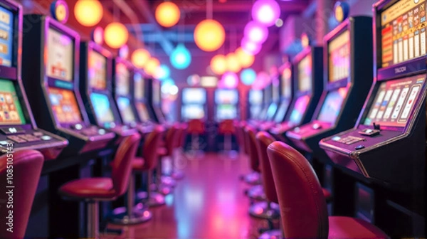 Obraz Colorful casino interior with illuminated slot machines and vibrant lighting at night