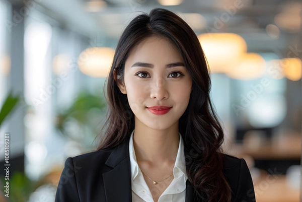 Fototapeta A woman in a business suit and white shirt stands in front of a window