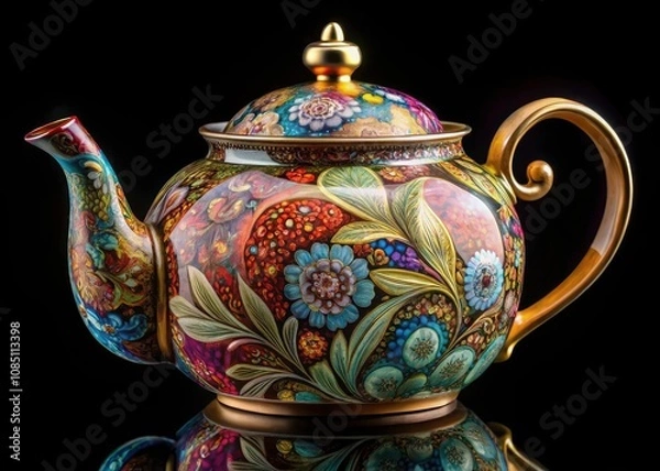 Fototapeta Intricate Floral and Paisley Patterned Teapots in Long Exposure Style - Elegant Teaware, Decorative Kitchen Items, Unique Designs, Transparent Background, Artistic Photography