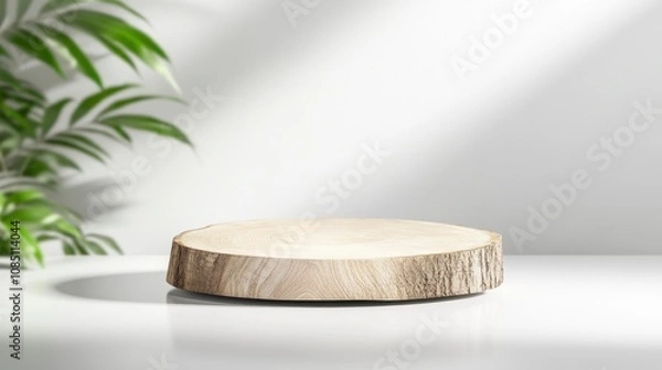 Fototapeta Wooden tree slice podium for product display presentation on a white background with shadows. Mockup of natural wood.