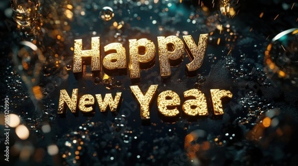 Fototapeta "2025 Happy New Year" in gold lettering with champagne bubbles rising up on a dark background.