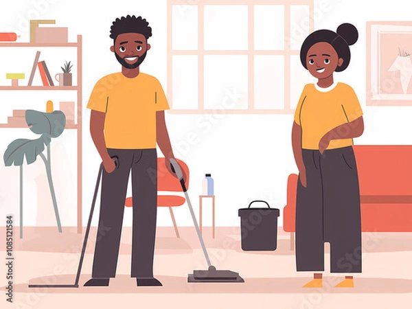 Fototapeta AI-Generated image of A man and woman are standing in a living room, smiling at the camera. The man is holding a broom and the woman is holding a bucket. The scene is lighthearted and cheerful