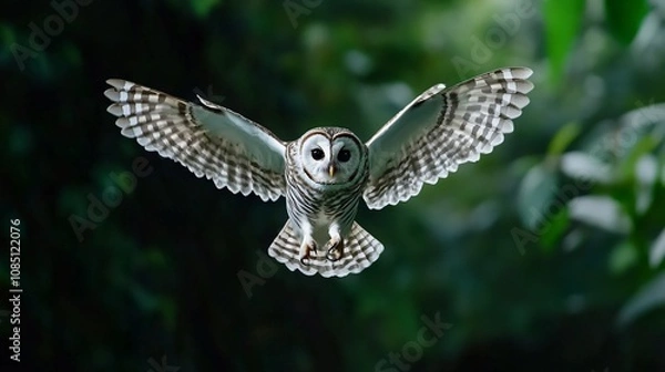 Fototapeta A majestic owl in mid-flight, showcasing its stunning wingspan against a lush, green backdrop, exuding grace and power in nature.