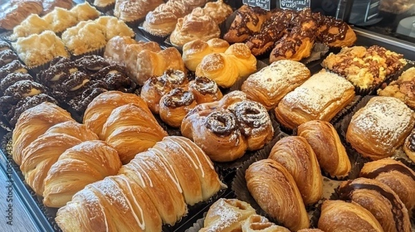 Fototapeta A bakery counter filled with pastries and coffee, with notes of flavor descriptions written in chalk, highlighting the sensory delights of each item 