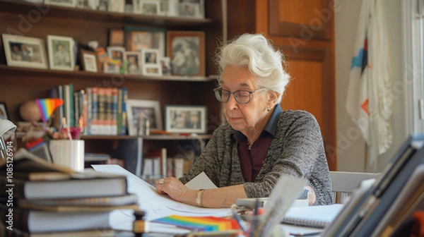 Fototapeta An elderly lesbian judge diligently reviews legal cases at her desk in a comfortable home office filled with law books and cherished family photographs, showcasing her professional dignity