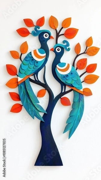 Fototapeta Madhubani Art: Minimalist Peafowls with Intricate Patterns