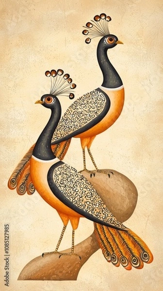 Fototapeta Madhubani Art: Minimalist Peafowls with Intricate Patterns