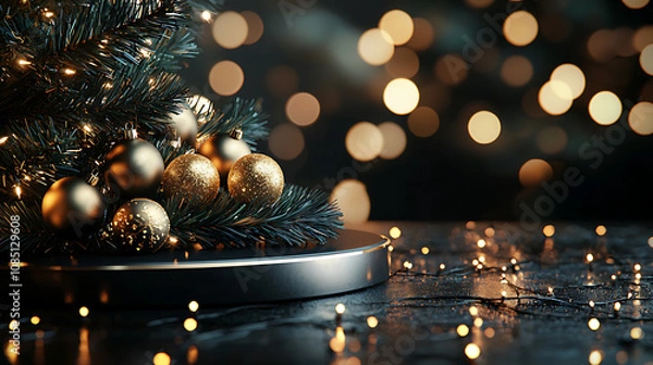 Fototapeta Festive podium with Christmas tree branches and lights